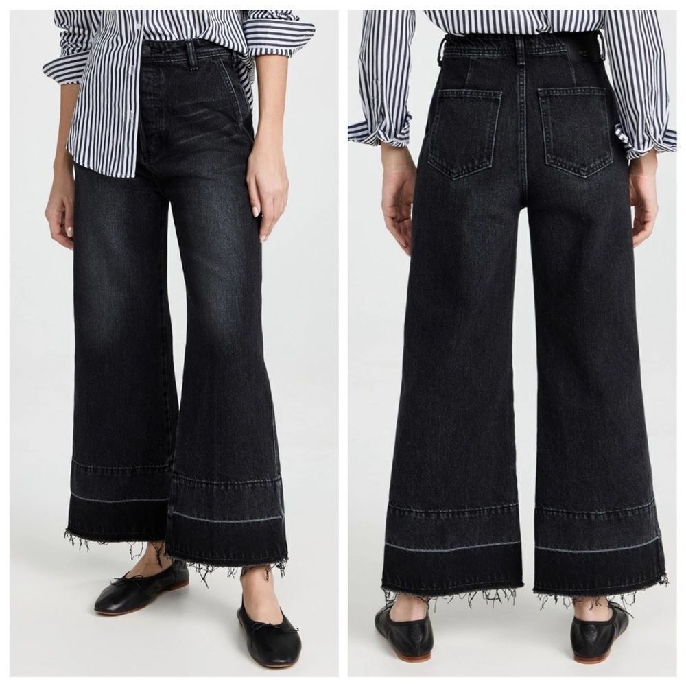 Moussy Vintage Elba Center Press Wide Crop Jean Black Wash Ankle Cotton Fray 28